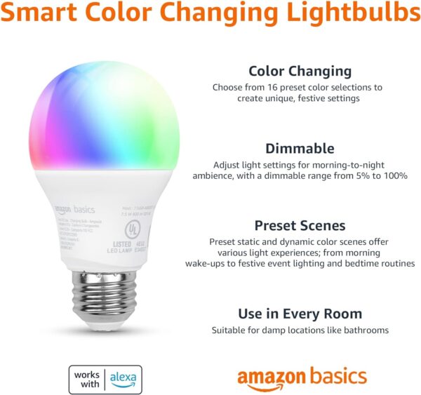 Amazon Basics Smart A19 LED Light Bulb, 2.4 GHz Wi-Fi, 7.5W (Equivalent to 60W) 800LM, Works with Alexa Only, 1-Pack, Multicolor - Image 3