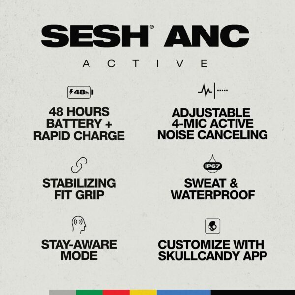 Skullcandy Sesh ANC Active in-Ear Noise Canceling Wireless Earbuds, 48 Hr Battery, IP67 Waterproof, Microphone, Works with iPhone Android and Bluetooth Devices - True Black/Orange - Image 2