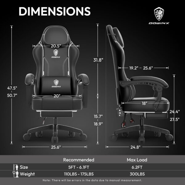 Dowinx Gaming Chair with Pocket Spring Cushion, Ergonomic Game Chair with Massage Lumbar Support and Footrest for Adults, High Back Leather Computer Chair for Office Gaming 300LBS, Black - Image 3