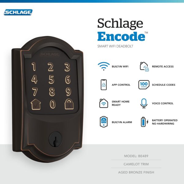 Schlage Encode Smart Wi-Fi Deadbolt with Camelot Trim in Aged Bronze - Image 7