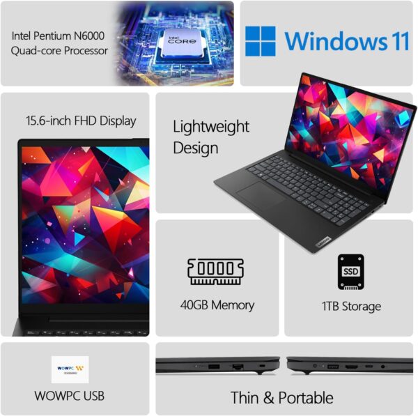 Lenovo Newest 15.6" Laptop, Intel Pentium 4-core Processor, 15.6" FHD Anti-Glare Display, Ethernet Port, HDMI, USB-C, WiFi & Bluetooth, Webcam (Windows 11 Home, 40GB RAM | 1TB SSD) - Image 3