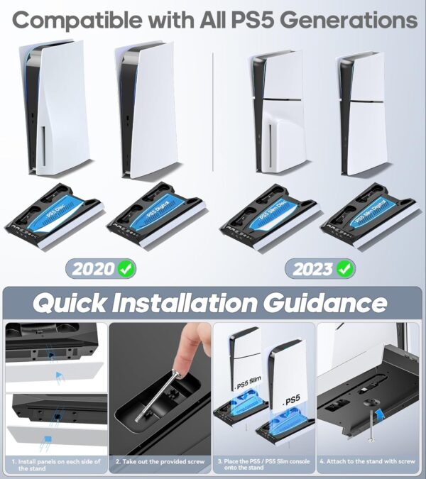 PS5/ PS5 Slim Stand for Disc & Digital Console, PS5 Cooling & Charging Station with 3-Level Fan & RGB LED, PS5 Controller Charger for PS5 & Edge Controller, PS5/Slim Accessories with 3 Charging Ports - Image 4