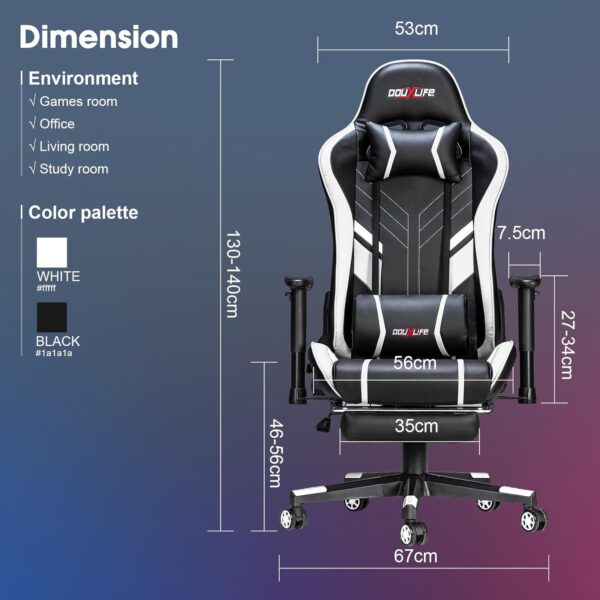 Massage Gaming Chair 7-Point, Office Chair with Footrest and Lumbar Support, Adjustable Seat Height Ergonomic, Thickened and Widened Cushions Backrest, 175° Reclining Max, White - Image 3