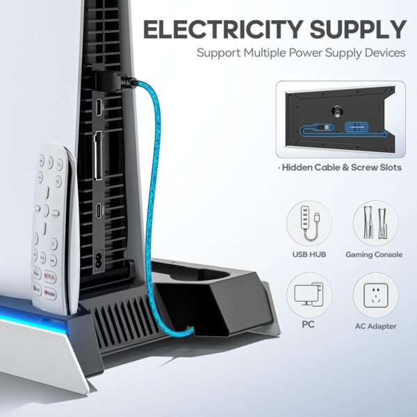 PS5/ PS5 Slim Stand for Disc & Digital Console, PS5 Cooling & Charging Station with 3-Level Fan & RGB LED, PS5 Controller Charger for PS5 & Edge Controller, PS5/Slim Accessories with 3 Charging Ports - Image 6