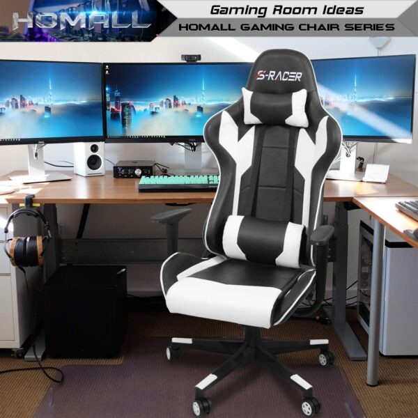 Homall Gaming Chair, Office Chair High Back Computer Chair Leather Desk Chair Racing Executive Ergonomic Adjustable Swivel Task Chair with Headrest and Lumbar Support (White) - Image 7