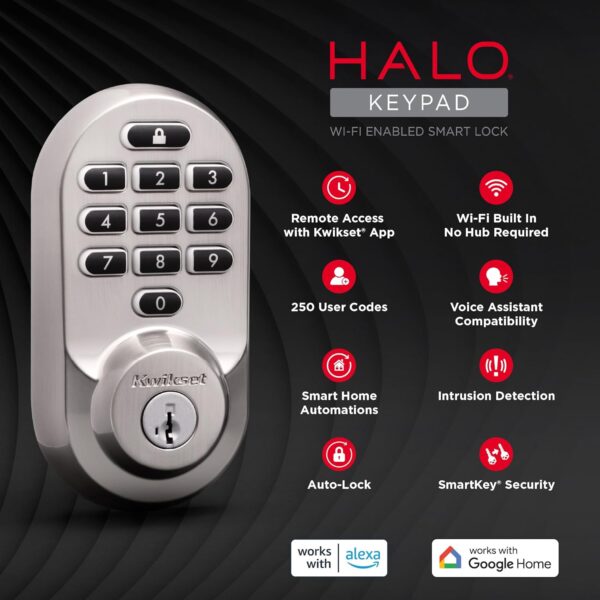 Kwikset Halo Keypad Wi-Fi Smart Door Lock, Keyless Entry Electronic Touchscreen Deadbolt Door Lock, No Hub Required App Remote Control, With SmartKey Re-Key Security, Satin Nickel - Image 11