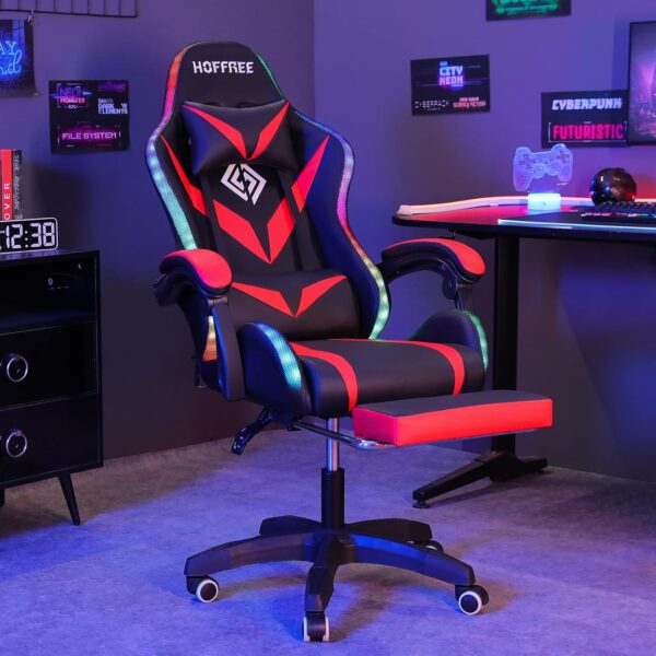 RGB Gaming Chair with Bluetooth Speakers and LED Lights Ergonomic Massage Computer Game Chair with Footrest High Back Music Video Game Chair with Lumbar Support Red and Black - Image 2