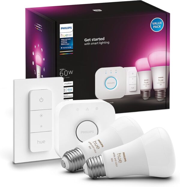 Philips Hue Smart Light Starter Kit - Includes (1) Bridge, (1) Dimmer Switch and (2) A19 LED Bulbs - White and Color Ambiance Color-Changing Light - 800LM - E26 - Control with App or Voice Assistant - Image 2