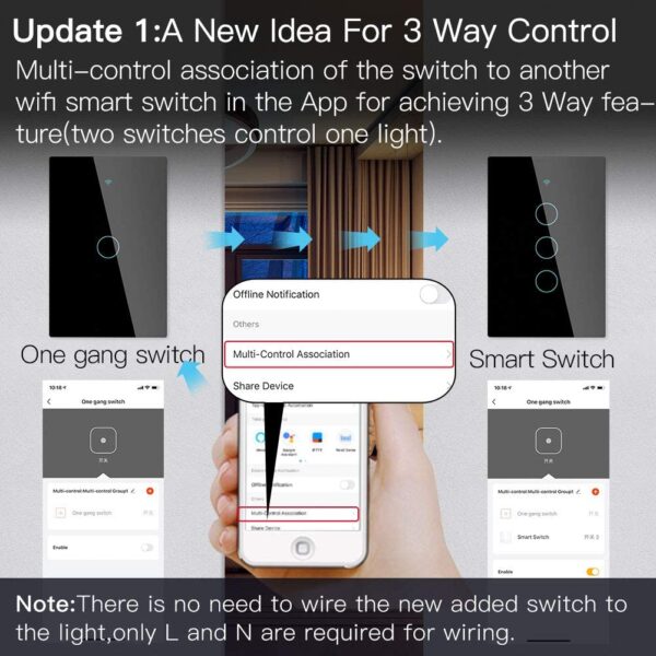 MoesGo WiFi Smart Wall Light Switch,Glass Panel, Multi-Control(3 Way), 2.4GHz Wi-Fi Touch Switches, Neutral Wire Required, Remote Control Smart Life/Tuya App, Work with Alexa, Google Home Black 1 Gang - Image 4