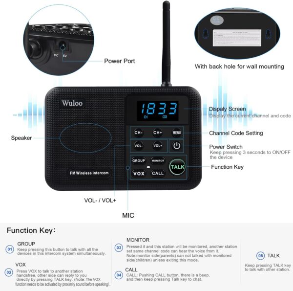 Wuloo Intercoms Wireless for Home 1 Mile Range 22 Channel 100 Digital Code Display Screen, Wireless Intercom System for Home House Business Office, Room to Room Intercom Communication(3Stations Black) - Image 6