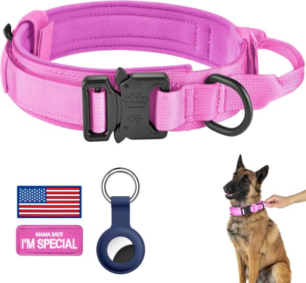 DAGANXI Tactical Dog Collar, Adjustable Military Training Nylon Dog Collar with Control Handle and Heavy Metal Buckle for Medium and Large Dogs, with Patches and Airtags Case (S, Pink) - Image 2