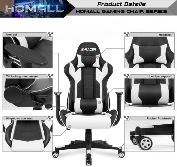 Homall Gaming Chair, Office Chair High Back Computer Chair Leather Desk Chair Racing Executive Ergonomic Adjustable Swivel Task Chair with Headrest and Lumbar Support (White) - Image 8