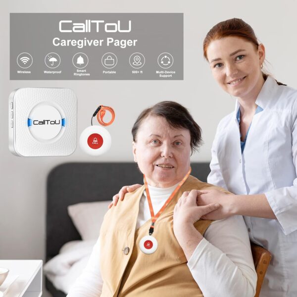 CallToU Wireless Caregiver Pager Smart Call System 2 SOS Call Buttons/Transmitters 2 Receivers Nurse Calling Alert Patient Help System for Home/Personal Attention Pager 500+Feet Plugin Receiver - Image 3