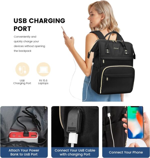 LOVEVOOK Laptop Backpack Women Teacher Backpack Nurse Bags, 15.6 Inch Womens Work Backpack Purse Waterproof Anti-theft Travel Back Pack with USB Charging Port (Black) - Image 4