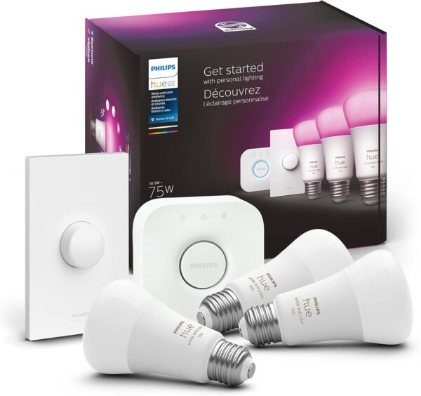 Philips Hue Smart Light Starter Kit - Includes (1) Bridge, (1) Smart Button and (3) Smart 75W A19 LED Bulbs - White and Color Ambiance - 1100LM - E26 - Control with Hue App or Voice Assistant - Image 2