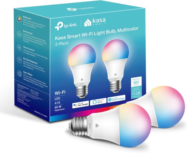 Kasa Smart Light Bulbs, Full Color Changing Dimmable Smart WiFi Bulbs Compatible with Alexa and Google Home, A19, 60 W 800 Lumens,2.4Ghz only, No Hub Required, 2-Pack (KL125P2), Multicolor - Image 2