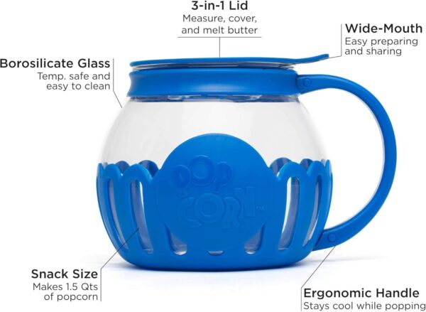 Ecolution Patented Micro-Pop Microwave Popcorn Popper with Temperature Safe Glass, 3-in-1 Lid Measures Kernels and Melts Butter, Made Without BPA, Dishwasher Safe, 1.5-Quart, Blue - Image 4