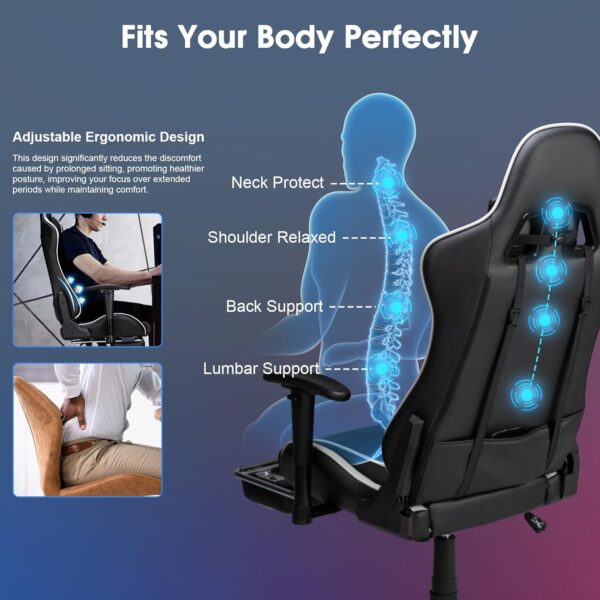 Massage Gaming Chair 7-Point, Office Chair with Footrest and Lumbar Support, Adjustable Seat Height Ergonomic, Thickened and Widened Cushions Backrest, 175° Reclining Max, White - Image 4