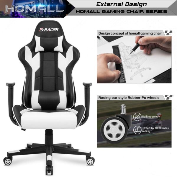 Homall Gaming Chair, Office Chair High Back Computer Chair Leather Desk Chair Racing Executive Ergonomic Adjustable Swivel Task Chair with Headrest and Lumbar Support (White) - Image 4