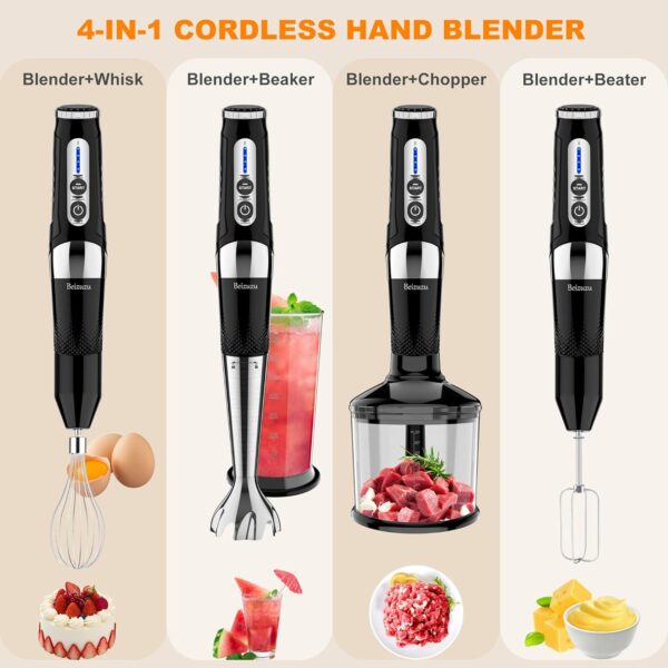 Cordless Hand Blender: 4-in-1 USB Rechargeable Immersion Blender, 21 Variable Speeds & 3-Angle Adjustable with 700ml Chopper, 700ml Beaker, Egg Whisk and Beater for Smoothies, Soup, Baby Food (Black) - Image 5