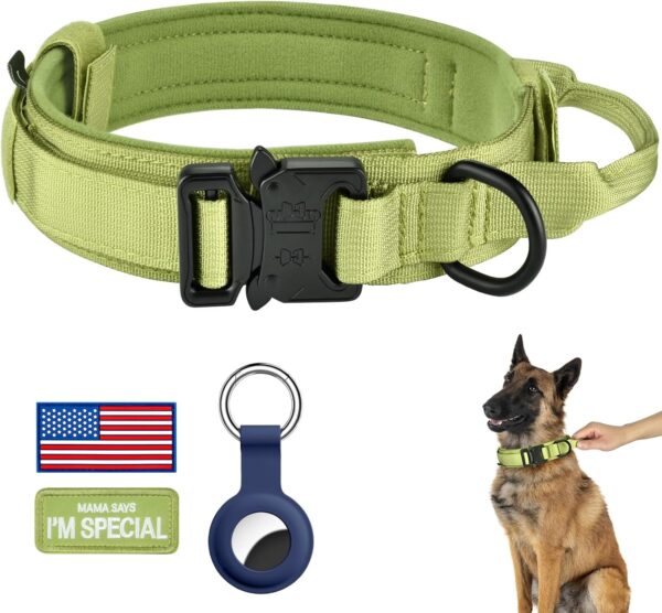 DAGANXI Tactical Dog Collar, Adjustable Military Training Nylon Dog Collar with Control Handle and Heavy Metal Buckle for Medium and Large Dogs, with Patches and Airtags Case (XXL, Spring Grass) - Image 2