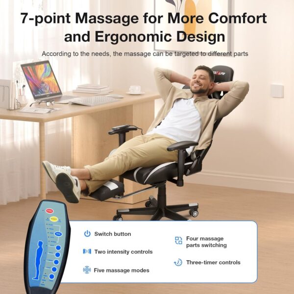 Massage Gaming Chair 7-Point, Office Chair with Footrest and Lumbar Support, Adjustable Seat Height Ergonomic, Thickened and Widened Cushions Backrest, 175° Reclining Max, White - Image 5