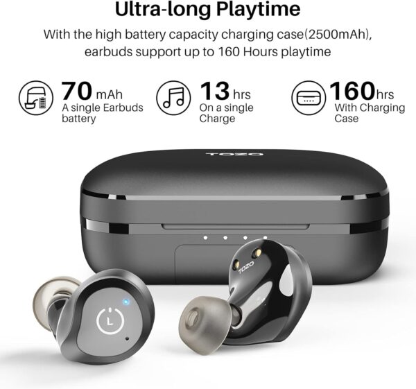 TOZO NC9 Plus Hybrid Active Noise Cancelling Wireless Earbuds, in Ear Headphones IPX6 Waterproof Bluetooth 5.0 Stereo Earphones, Immersive Sound Premium Deep Bass Headset, Black - Image 6