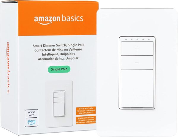 Amazon Basics Single Pole Smart Dimmer Switch, Neutral Wire Required, 2.4 Ghz WiFi, Works with Alexa, White, 2.91" x 1.79" x 4.65" - Image 2