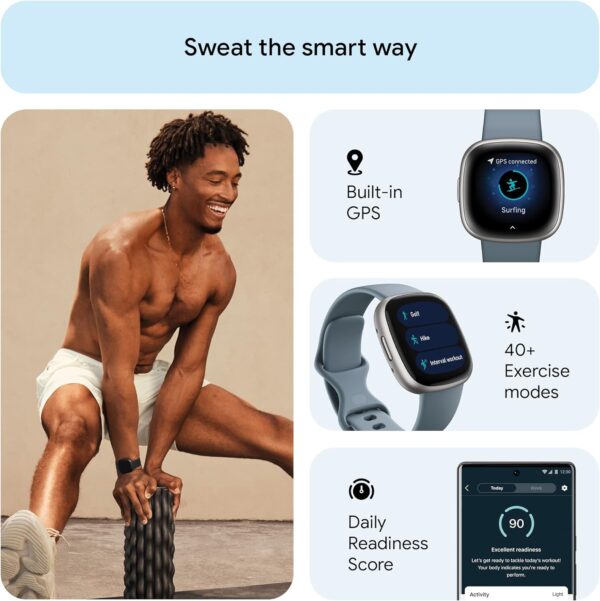 Fitbit Versa 4 Fitness Smartwatch with Daily Readiness, GPS, 24/7 Heart Rate, 40+ Exercise Modes, Sleep Tracking and more, Waterfall Blue/Platinum, One Size (S & L Bands Included) - Image 3