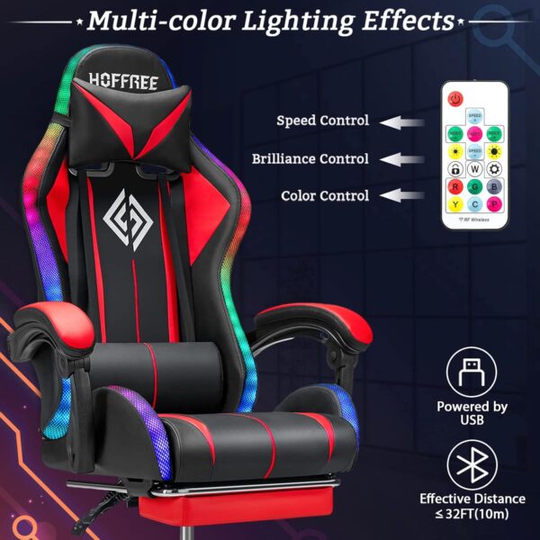 RGB Gaming Chair with Bluetooth Speakers and LED Lights Ergonomic Massage Computer Game Chair with Footrest High Back Music Video Game Chair with Lumbar Support Red and Black - Image 7