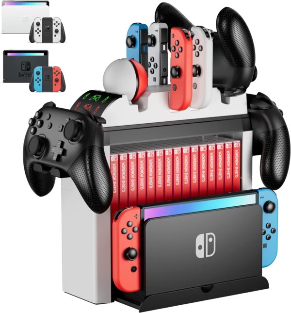 Switch Organizer with Controller Charging Station - ZAONOOL Charger Stand for Nintendo Switch & OLED Joycon, Pro Controller, Accessories Storage Tower for Games, TV Dock - Image 2