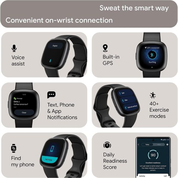 Fitbit Versa 4 Health and Fitness Smart Watch (Black/Graphite) with Built-in GPS, 6 Day Battery Life, S & L Bands, Bundle with 3.3foot Charge Cable, Wall Adapter, Screen Protectors & PremGear Cloth - Image 4