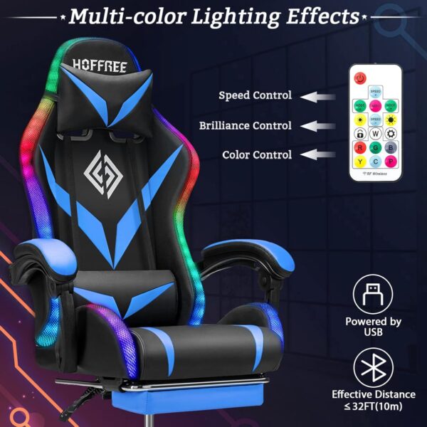 Gaming Chair with Bluetooth Speakers and RGB LED Lights Ergonomic Massage Computer Gaming Chair with Footrest Video Game Chair High Back with Lumbar Support Blue and Black - Image 7