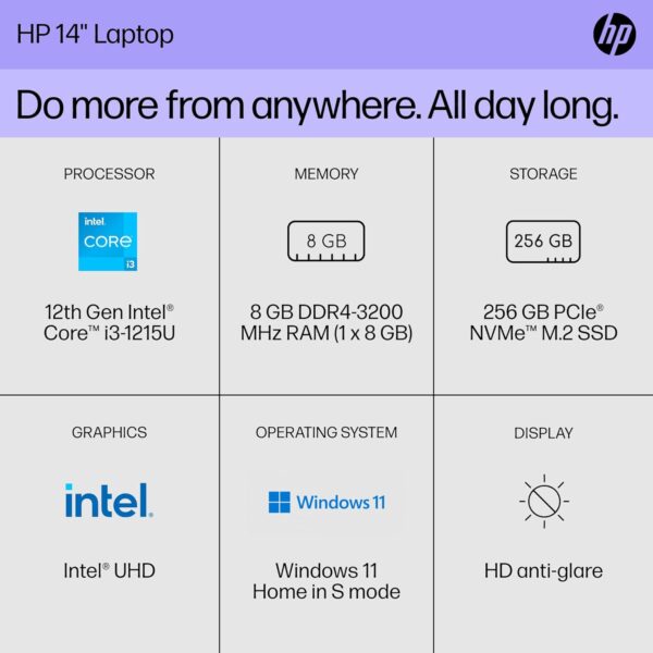 HP 14 inch Laptop, HD Display, 12th Generation Intel Core i3-1215U, 8 GB RAM, 256 GB SSD, Intel UHD Graphics, Windows 11 Home in S mode, 14-dq5009nr (2024) - Image 3