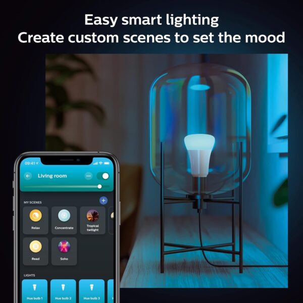 Philips Hue Smart Light Starter Kit - Includes (1) Bridge and (2) 60W A19 LED Bulb, White and Color Ambiance Color-Changing Light, 800LM, E26 - Control with App or Voice Assistant - Image 6