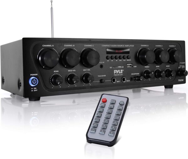 Pyle Wireless Bluetooth Home Audio Amplifier System-Upgraded 6 Channel 750 Watt Sound Power Stereo Receiver w/USB, Micro SD, Headphone,2 Microphone Input w/Echo, Talkover for PA - PTA62BT.5 - Image 2