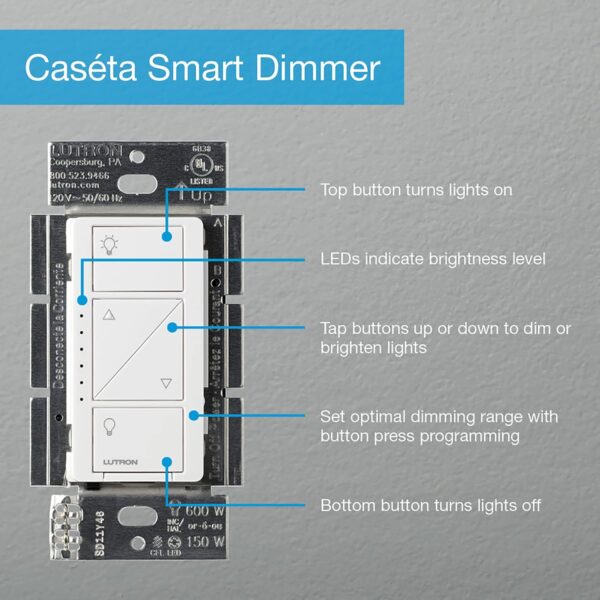 Lutron Caseta Smart Home Dimmer Switch, Works with Alexa, Apple HomeKit, and The Google Assistant | for LED Light Bulbs, Incandescent Bulbs and Halogen Bulbs | PD-6WCL-WH | White - Image 12