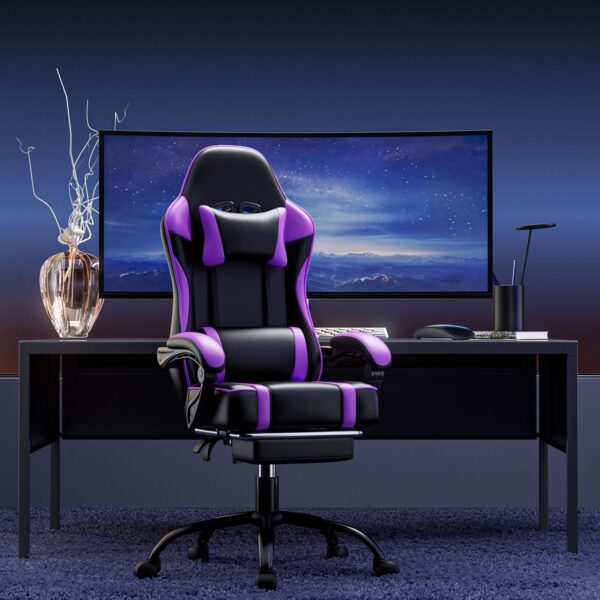 Gaming Chair, Computer Chair with Footrest and Lumbar Support, Ergonomic Video Game Chair with Headrest, Height Adjustable Gamer Chair Office Desk Chair, Purple - Image 2