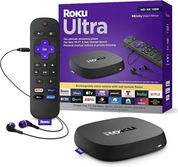 Roku Ultra | The Ultimate Streaming Device 4K/HDR/Dolby Vision/Atmos, Rechargeable Roku Voice Remote Pro, Ethernet Port, Hands-Free Controls, Lost Remote Finder, Free & Live TV - Image 2