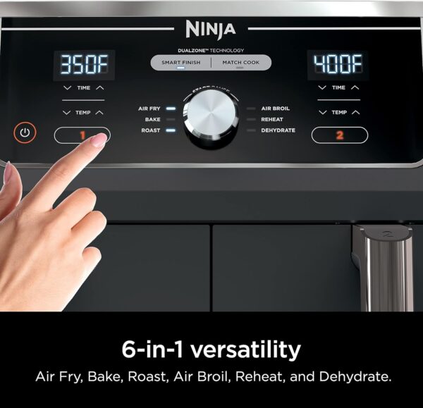 Ninja DZ401 Foodi 10 Quart 6-in-1 DualZone XL 2-Basket Air Fryer with 2 Independent Frying Baskets, Match Cook & Smart Finish to Roast, Broil, Dehydrate for Quick, Easy Family-Sized Meals, Grey - Image 9