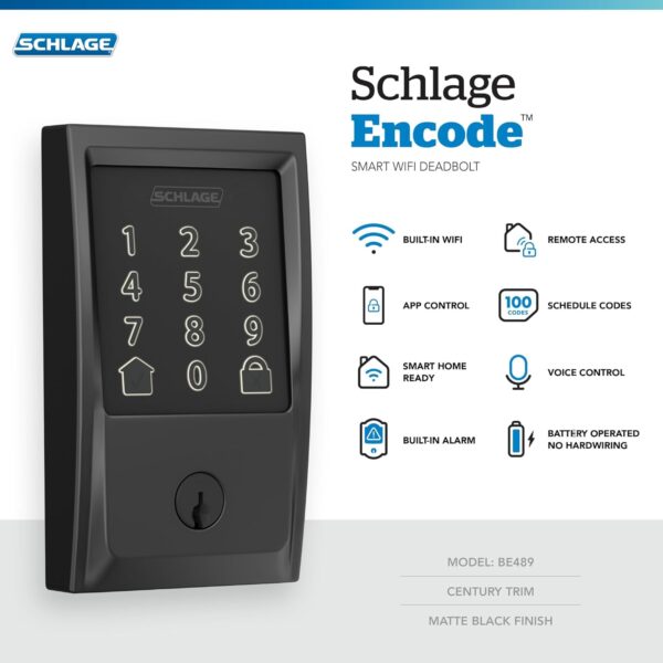 Schlage Encode Smart Wi-Fi Deadbolt with Century Trim in Matte Black - Image 7