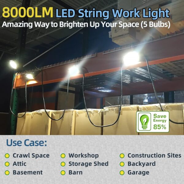 50FT Led Work Light 85W 8000LM Waterproof Construction String Lights Linkable Temporary Work Lighting Outdoor Indoor Worklight (5 Light Heads) - Image 3