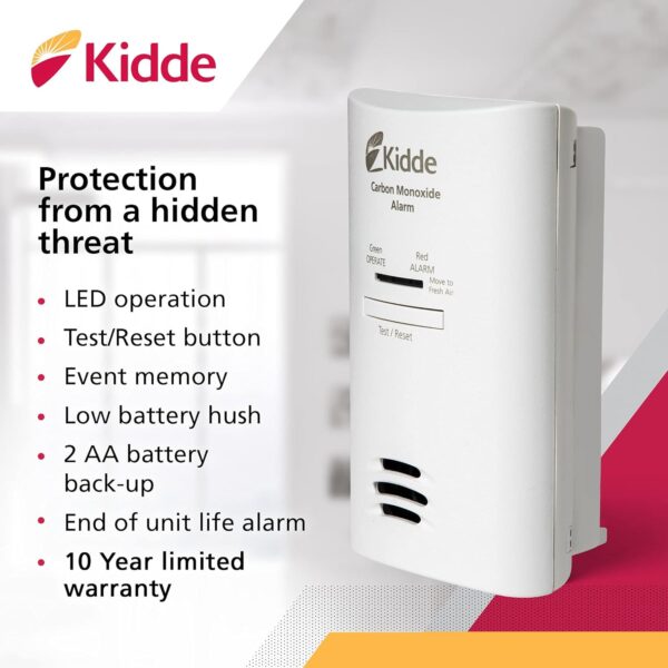 Kidde Carbon Monoxide Detector, Plug In Wall with AA Battery Backup, Test-Hush Button - Image 3