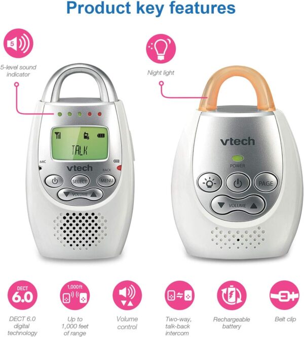 VTech DM221 Audio Baby Monitor with up to 1,000 ft of Range, Vibrating Sound-Alert, Talk Back Intercom & Night Light Loop, White/Silver - Image 9