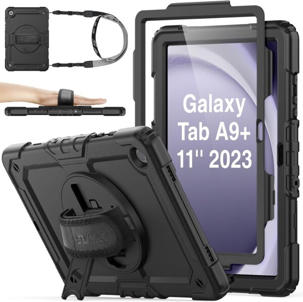 SEYMAC stock 360° Hand Strap Shockproof Case for Samsung Galaxy Tab A9 Plus 11 inch, Black - Image 2