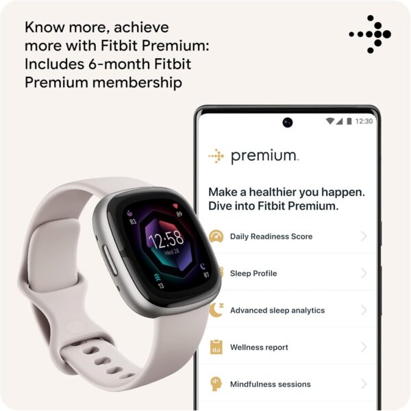 Fitbit Sense 2 Advanced Health and Fitness Smartwatch with Tools to Manage Stress and Sleep, ECG App, SpO2, 24/7 Heart Rate and GPS, Lunar White/Platinum, One Size (S & L Bands Included) - Image 7