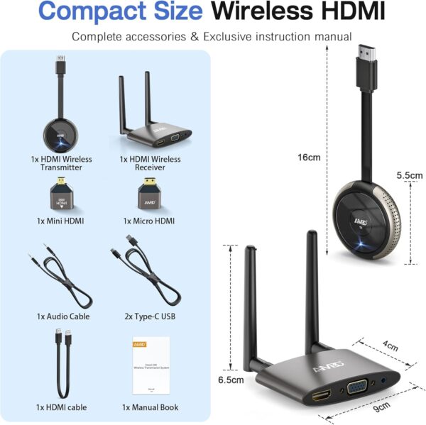 TIMBOOTECH Wireless HDMI Transmitter and Receiver 4K- HDMI & VGA Dual Screen, Multi-TX Capability, 2.4G/5.8G HDMI Wireless Extender Kit for Laptop, Camera, Cable Box, Netfix, Plug and Play, 165FT/ 50M - Image 9