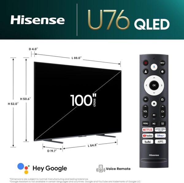 Hisense 100-Inch Class U7 Series ULED 4K UHD Google Smart TV (100U76N, 2024 Model) - QLED, Native 144Hz, Dolby Vision, Full Array Local Dimming, Game Mode Pro, Alexa Compatibility - Image 4