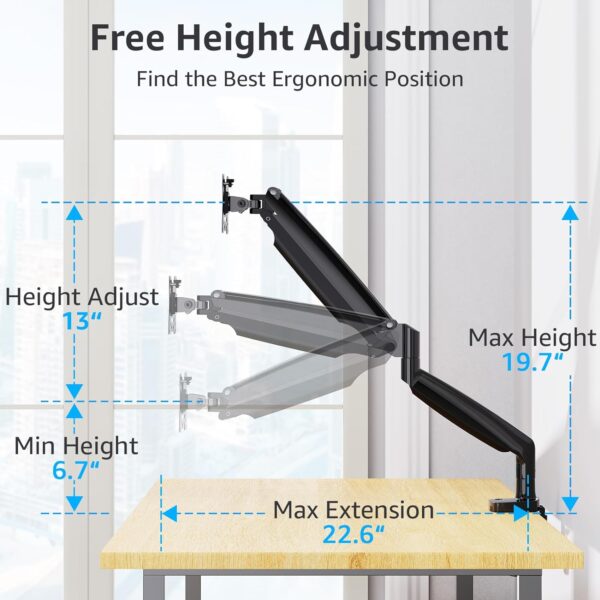 MOUNTUP Ultrawide Single Monitor Arm for Max 35 Inch Screen, Heavy Duty Monitor Desk Mount Support 6.6-30.9lbs, Gas Spring Computer Monitor Stand for Desk, VESA Monitor Mount with Clamp & Grommet Base - Image 7