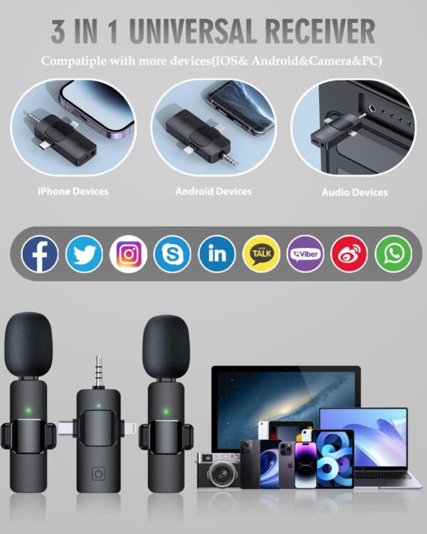 PQRQP 3 in 1 Wireless Microphone for iPhone, Android, Camera, USB-C Microphone, Wireless Lavalier Microphone, Mini Microphone, Noise Canceling Lapel Mic for Interview Video Podcast Vlog YouTube - Image 8